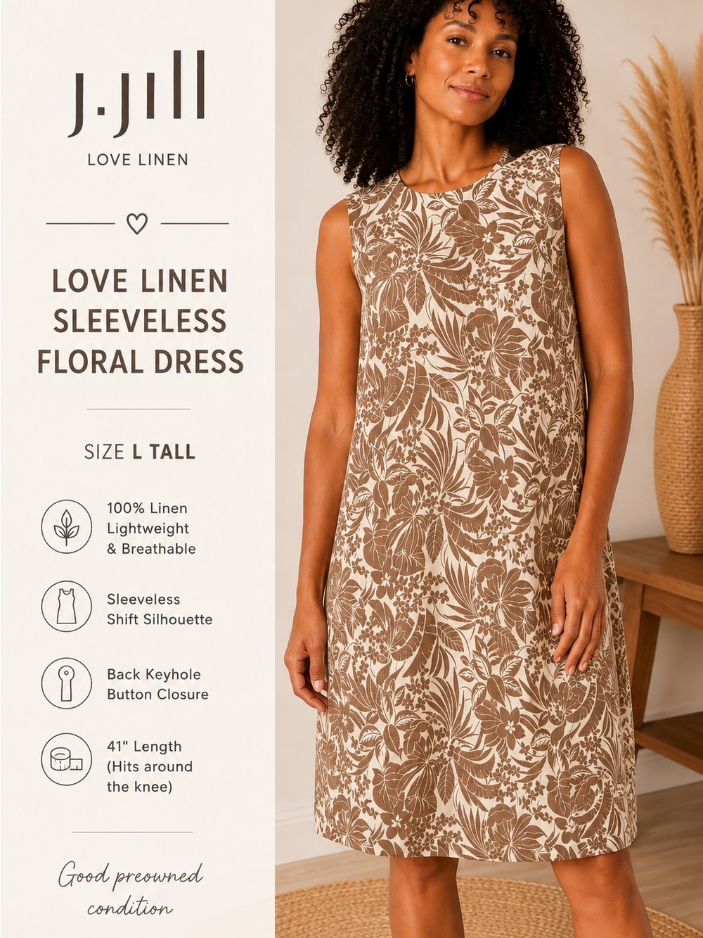 J.Jill Love Linen Floral Shift Dress Brown Cream 100% Linen L Tall NWT